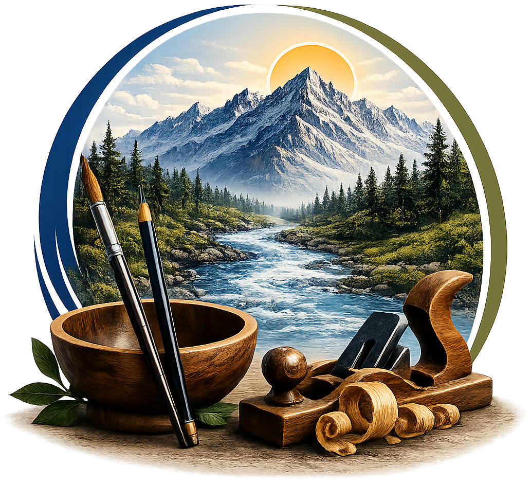 Stillridge Studios mountain, river, art, and woodworking graphic